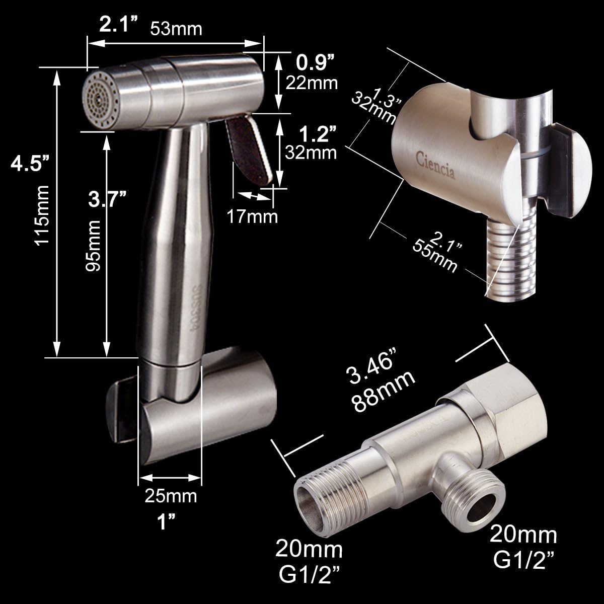 CIENCIA Hand Held Bidet Sprayer Stainless Steel Sprayer Shattaf - Complete Bidet Set for Toilet Hand Bidet Sprayer for Toilet WS024AF6 - Image 4