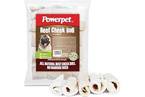 Powerpet Treats Beef Cheek Rolls for Dogs - Promotes Dental Hygiene - 100% Natural & Highly Digestible - High Protein, Low Fat Breeds - No Rawhide - Healthy Chew Treats - 5 Rolls