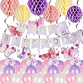 NOMISURIT Purple Pink Birthday Party Decorations for Women Girls, Happy Birthday Banner with Balloons, Paper Honeycomb Balls, Butterfly Hanging Swirl Streamers, Circle Dot Garland or Party Decor