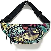 Waterproof Fanny Pack for Women, Belt Bag with 3 Zippper Pockets, Fashion Floral Waist Pack for Sports Travel Running Workout, Adjustable Waist Belt (Blue leaf)