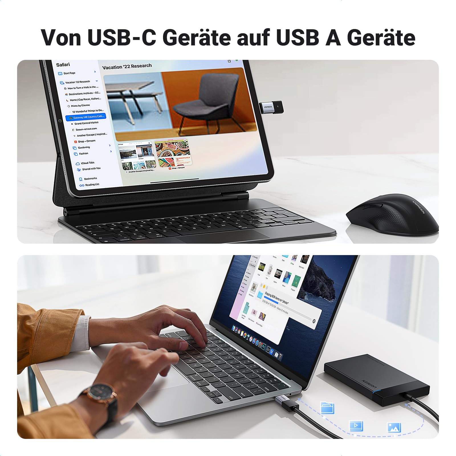 UGREEN USB C auf USB 3.2 Adapter 10Gbps OTG 2 Stück USB C Stecker auf A Buchse Adapter Kompatibel mit iPhone 17/16 Series MacBook Neo Pro Air iMac Galaxy Tab S9 S24 (Grau) 5