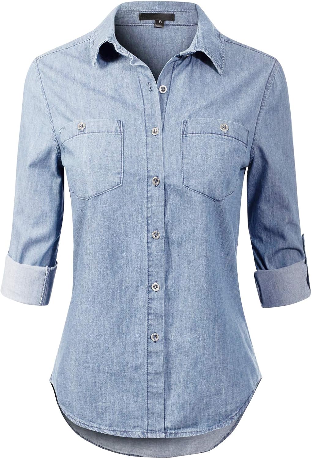 Design by Olivia Women's Basic Classic Roll up Sleeve Button Down Chambray Denim Shirt: Clothing