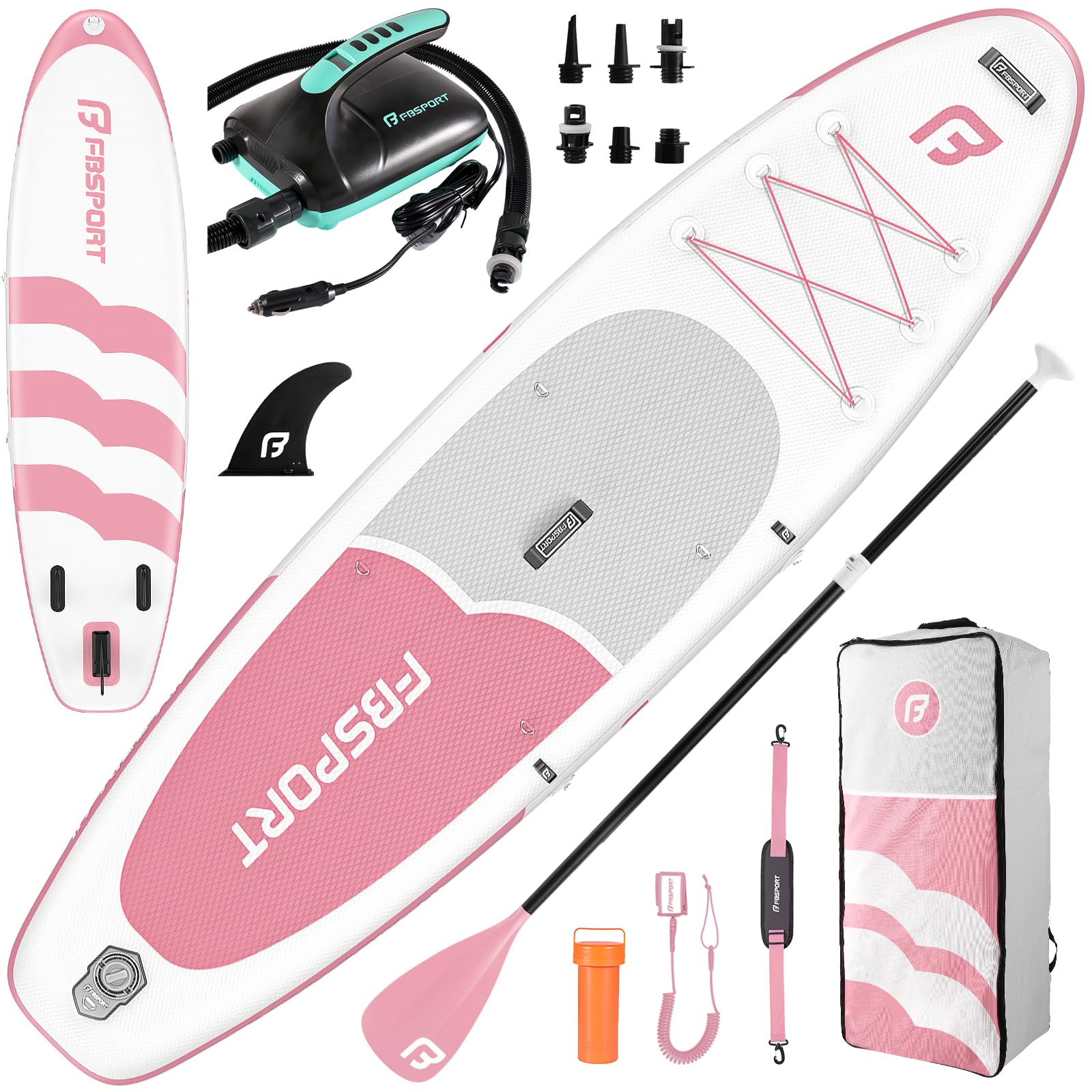 FBSPORT 11FT Premium Inflatable Stand Up Paddle Board with Electric Pump, Yoga Board with SUP Accessories & Carry Bag | Wide Stance, Surf Control, Non-Slip Deck, Leash and Paddle for Youth & Adult Image