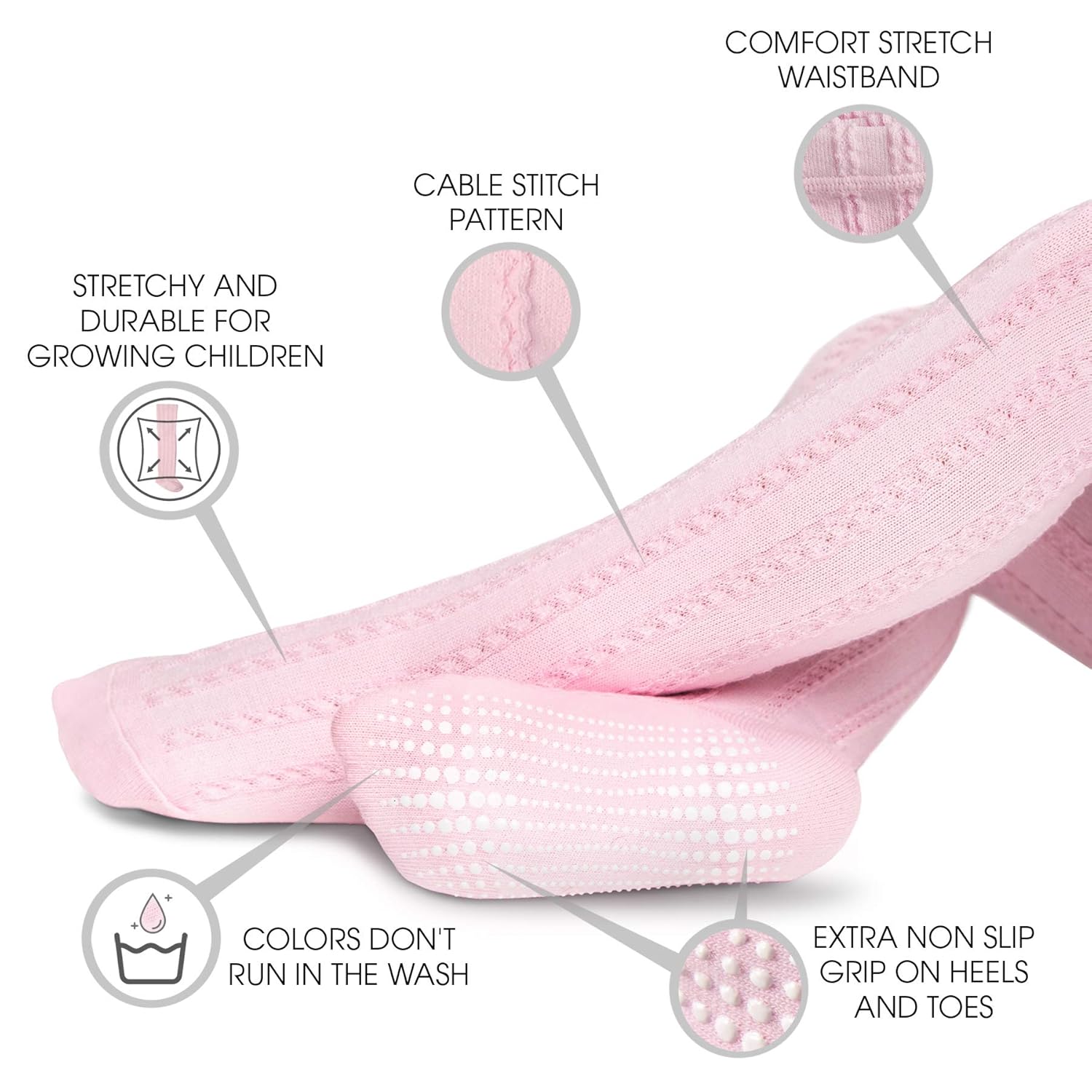 LA Active Baby Tights - 2 Pairs - Non Skid/Slip Cable Knit (White & Pink, 0-3 Months): Baby
