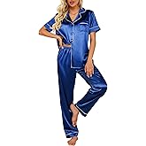 Ekouaer Silk Satin Pajamas Set Women Short Sleeve Sleepwear Soft Button Down Loungewear Pjs Set