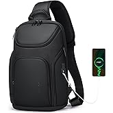 FENRUIEN Sling Bag Crossbody Sling Backpack with USB Port, Shoulder Chest Bag for Women Men.（Black/White/Grey）