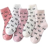 OYOANGLE Women's 5 Pairs Cute Bow Print Fuzzy Crew Socks Soft Warm Coquette Slipper Socks