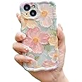 Mouzor Cute Case for iPhone 14, Colorful Retro Oil Painting Printed Flowers Case, Fashion TPU Floral Laser Beam Glossy Pattern Curly Waves Frame Shockproof Protective Case Cover for Girls Women