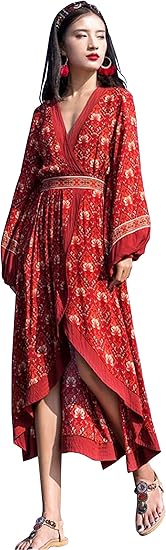 Amazon ユリカー レディース ボヘミアン風 ワンピース Vネック 長袖 ロング丈 ゆったり 花柄 着痩せ おしゃれ ハイウェスト かわいい お出かけ ハワイ 海辺 柔らかい 大きいサイズ ワンピース チュニック 通販