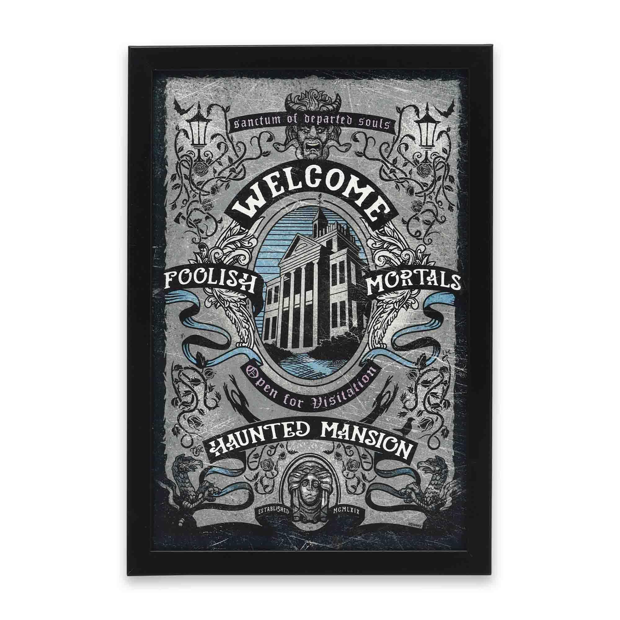 Photo 1 of Open Road Brands Disney Haunted Mansion Welcome Foolish Mortals Framed Wood Wall Decor - Vintage Haunted Mansion Wall Art for Halloween Decorating