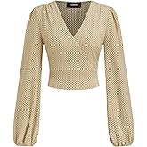 CIDER Womens V Neck Long Lantern Sleeve Crop Knit Patterned Top Fashion Going Out Outfit