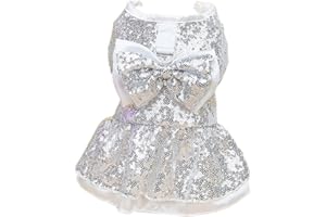 Tangpan Sequins Bow-Knot Pet Dance Dress Dog Christmas Party Dress (Silver, XS)