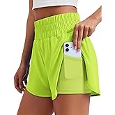 PINSPARK Women's 2 in 1 Running Shorts High-Split Athletic Short High Waisted 3" Liner Workout Gym Short with Pockets