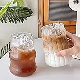 2 Pcs Ribbed Glass Cups 18 Oz Vintage Drinkware Wavy Ribbed Design Ideal for Iced Coffee Beverages Juice Milk Tea Cocktails and More