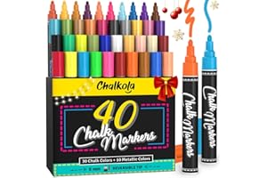 Chalkola Chalk Markers - Pack of 40 (Neon, Pastel & Metallic) Liquid Chalk Pens - For Chalkboard, Blackboard, Window, Labels, Bistro, Glass, Car, Board - Wet Wipe Erasable Ink - 6mm Reversible Tip