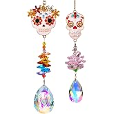 2Pcs Skull-Shaped Colorful Rhinestones Crystal Suncatcher Window Pendant | Handmade Garden Sun Catchers Crystal Drops Prisms Beads Chain Hang Ornament Decor Gift for Window Wedding Party