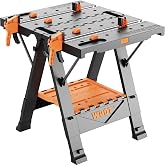 WDOT Portable Folding Work Bench Table 2-in-1 with 2 Clamps &amp; 6 Bench Dogs | 500 lbs load capacity, Steel frame &amp; ABS top, Overall: 35"x25"x32", Net weight 34 lbs, Clamps storage, Pre-drilled