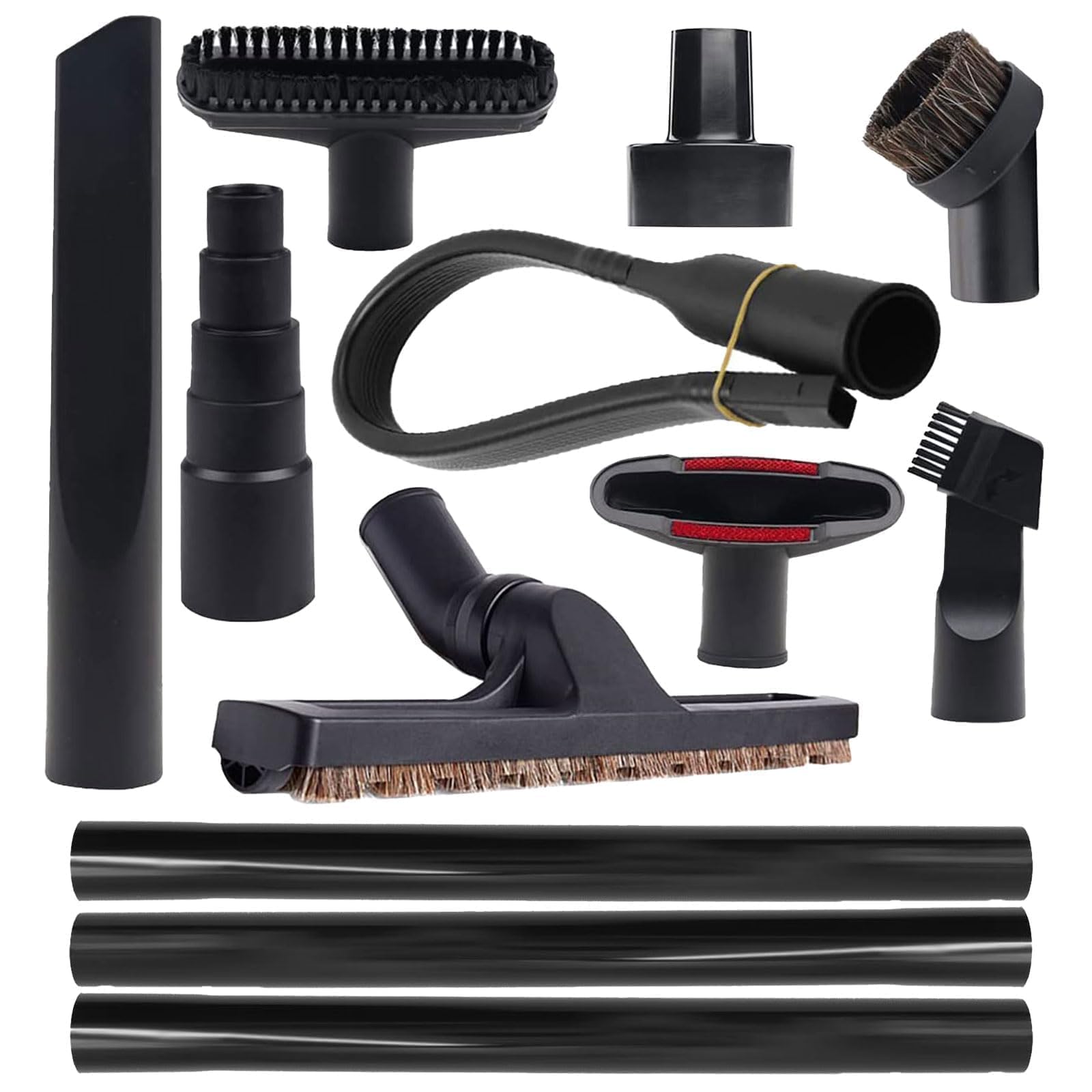 Photo 1 of CSKB 12 Pcs Universal Vacuum Attachment Kit, Vacuum Hose Adapter, 1-1/4" Vacuum Cleaners Accessories with Horse Hair Brush Extension Wand Wheeled Floor Brush Flexible Crevice Tool