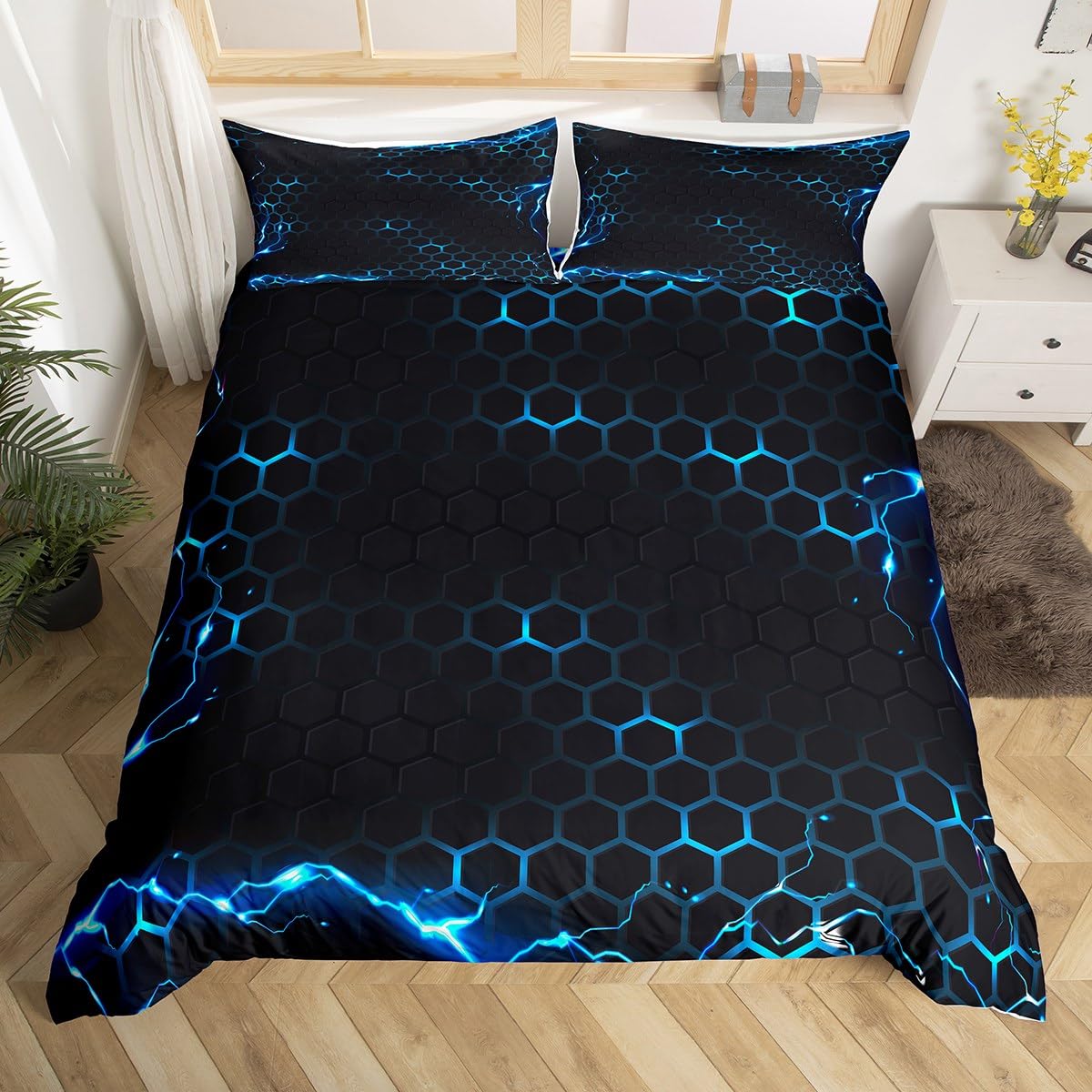 Honeycomb Duvet Cover Blue Lightning Geometric Honeycomb Bedding Set Hexagonal Comforter Cover for Kids Boys Girls Geometric Bedspread Cover Beehive Decor Breathable Quilt Cover Double