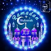 Capoda 9.45 Ramadan Window Lights Eid Mubarak Decorations Moon Start and End with Allah Wall Art Lights up Muslim Plaque for Door Home Eid Al Fitr Party Supplies, Blue