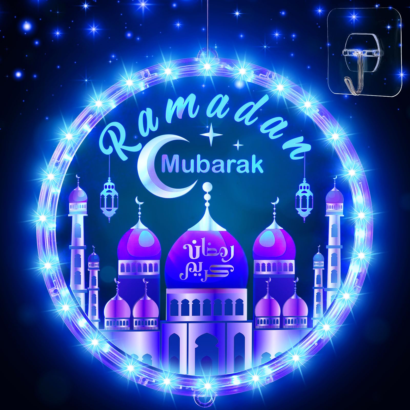 Photo 1 of Capoda 9.45 Ramadan Window Lights Eid Mubarak Decorations Moon Start and End with Allah Wall Art Lights up Muslim Plaque for Door Home Eid Al Fitr Party Supplies, Blue