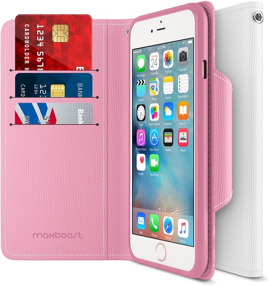 iPhone 6S 6 Wallet Case, Maxboost iPhone Wallet Case for iPhone 6S / 6 Protective PU Leather Card Case with Credit Card Slots + Side Pocket Flip Magnetic Stand Feature - Hot Pink/White