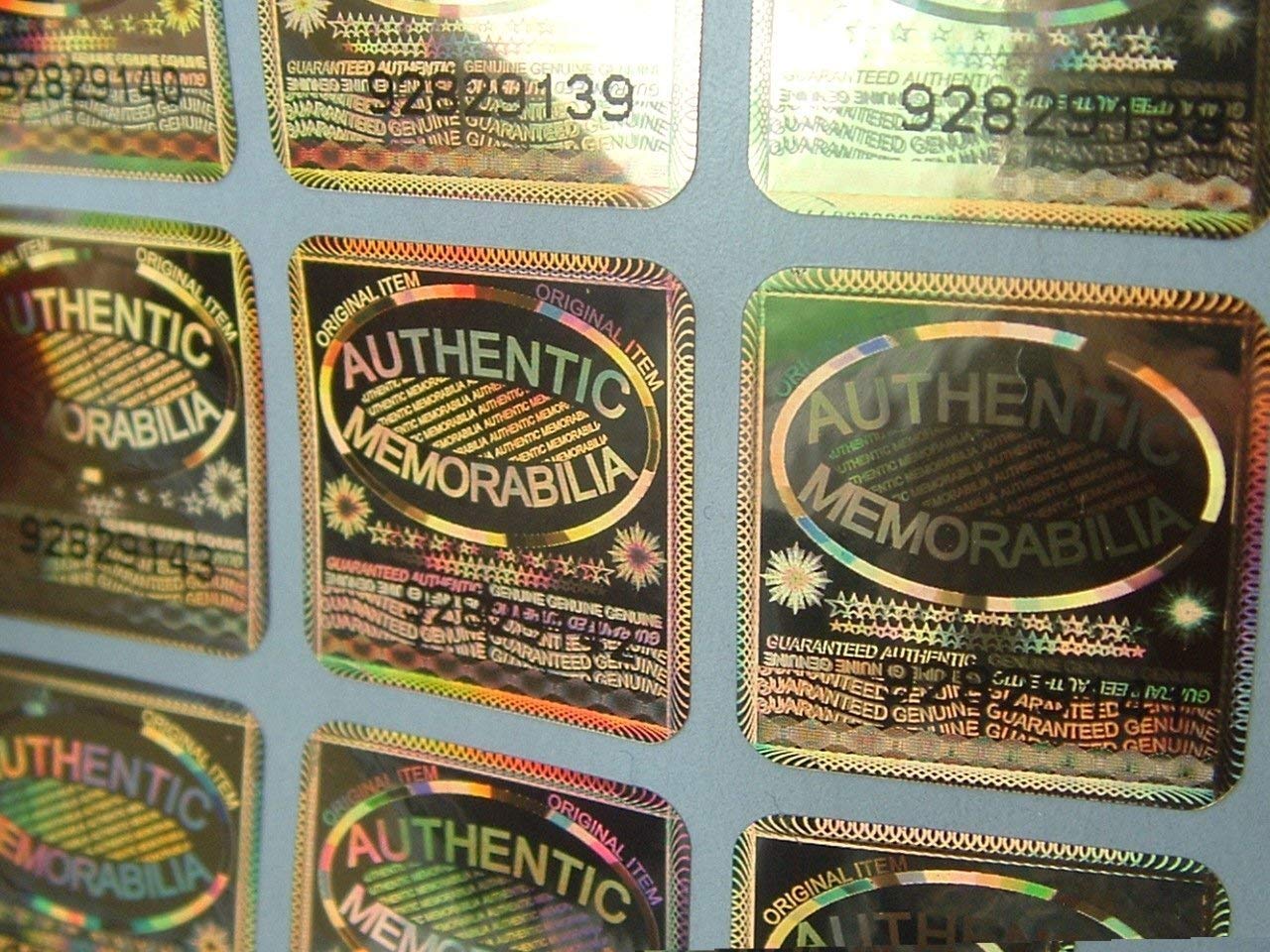 100 Memorabilia Specific Tamper-Evident Gold Hologram Security Labels with Unique Serial Number Per Label