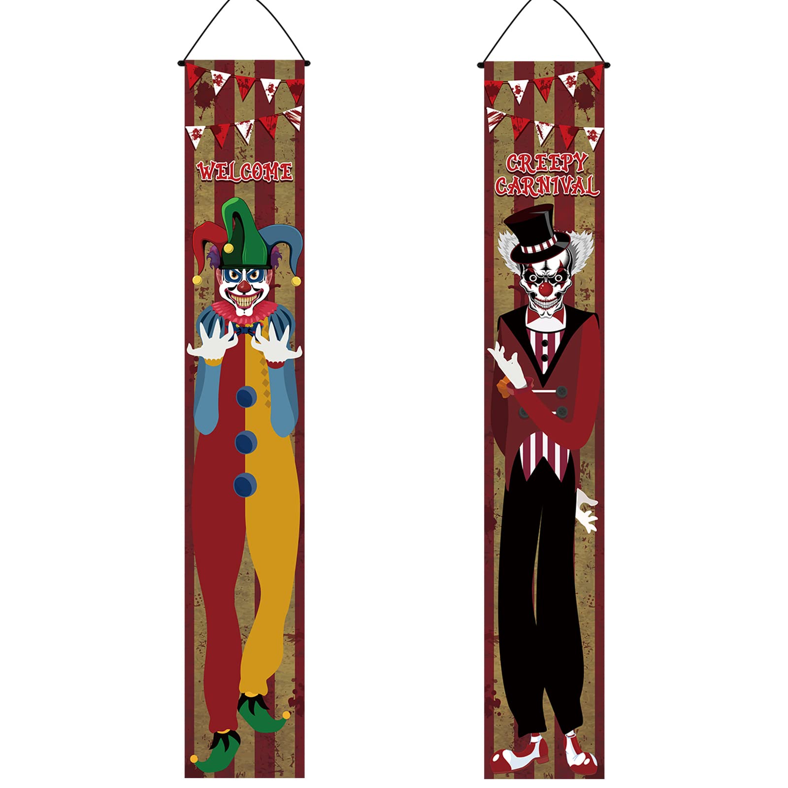 Photo 1 of Remerry 2 Pcs Halloween Clown Creepy Carnival Decorations Welcome Creepy Carnival Porch Banner Evil Hanging Scary Clowns Yard Signs Hallowmas Photo Prop Outdoor Indoor Decor, 11.81 x 70.87 Inch
