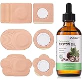 30Pcs Castor Oil Pack Wrap for Belly Button with 4oz Organic Castor Oil in Glass Bottle, Highly Absorbent Cotton Belly Button