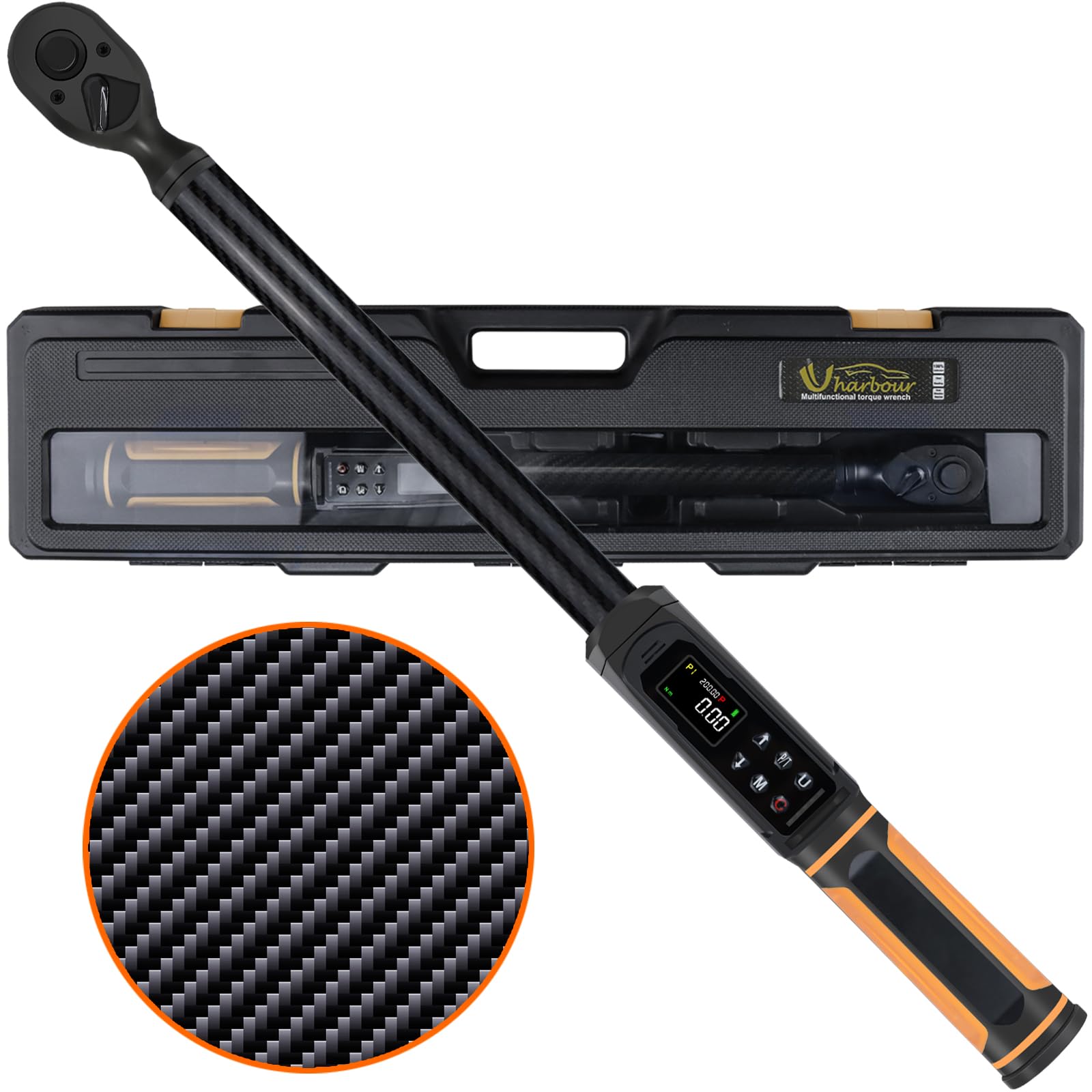 Uharbour Digital Torque Wrench 1/2 Drive with Carbon Fiber Body, 3-200 N.m Range, ±1% Accuracy with Vibration, Buzzer and LED Alert, Suitable for Car, Motorcycle and Bicycle