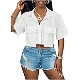 WDIRARA Women's Button Down Asymmetrical Blouse Short Sleeve Collared Crop Tops