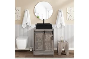 SOLIDEE 24 inch Bathroom Vanity, Barn Door Modern Wood Fixture Stand Bathroom Cabinet Vanity with Bathroom Black Ceramic Vessel Sink Top