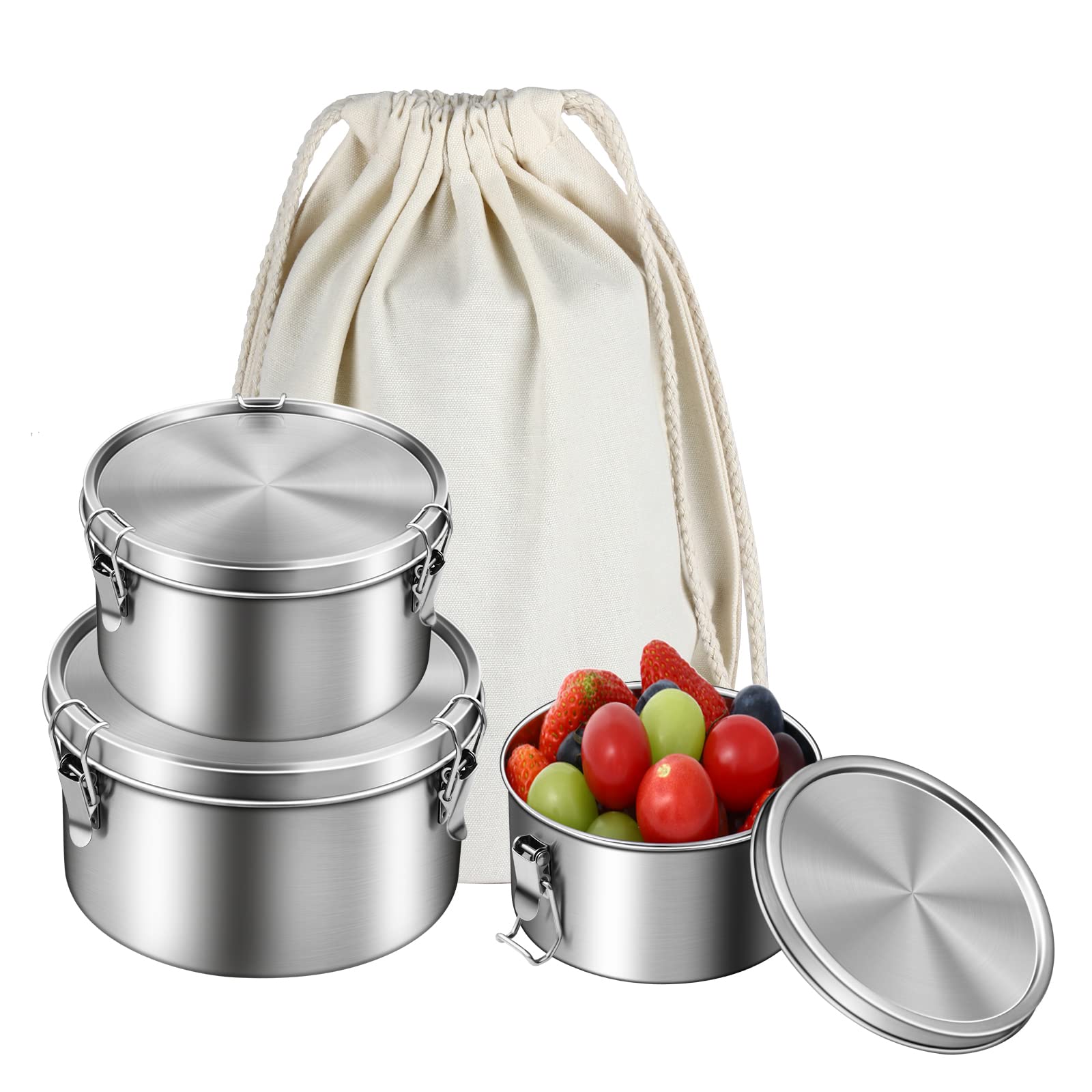 Stainless Steel Lunch Box, Round Lunch Box, Pack of 3 for Children and Adults, Bento Box with Compartments for Work, School and Nursery with Name Engraving (Single, Stainless Steel (480/780/1200 ml))