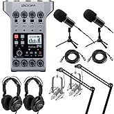 Zoom PodTrak P4 Podcast Recorder Bundle with 2X ZDM-1 Podcast Microphone Pack, 2X Broadcast Arm, 2X 25' Microphone Cable, 2X XLR M to F Professional Microphone Cable - 10'