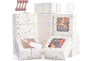 EQOREIIN 36pcs Christmas Cookie Boxes with Window，4x4x2.5in Bakery Boxes for Cookies, Xmas Gold Foil Star Treat Boxes for Gift Giving，Cookie Tins Pastry Dessert Cupcakes Candy Donut Packaging
