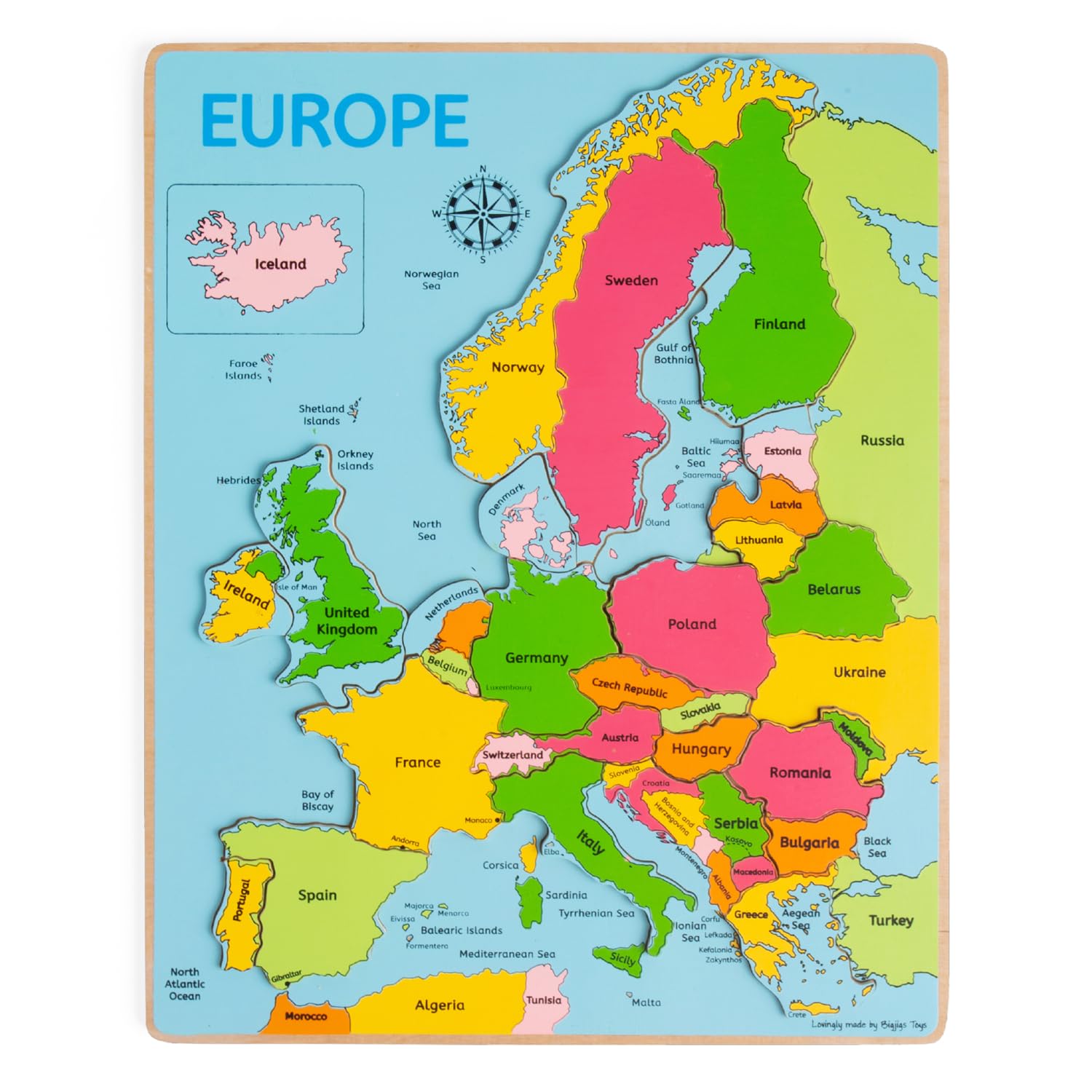 Bigjigs Toys Europe World Map Puzzle | Wooden Jigsaw for Kids | 25 Piece Set | Educational Montessori Games for Children to Learn About Countries | Geography Gifts for 3+ Year Old Toddlers