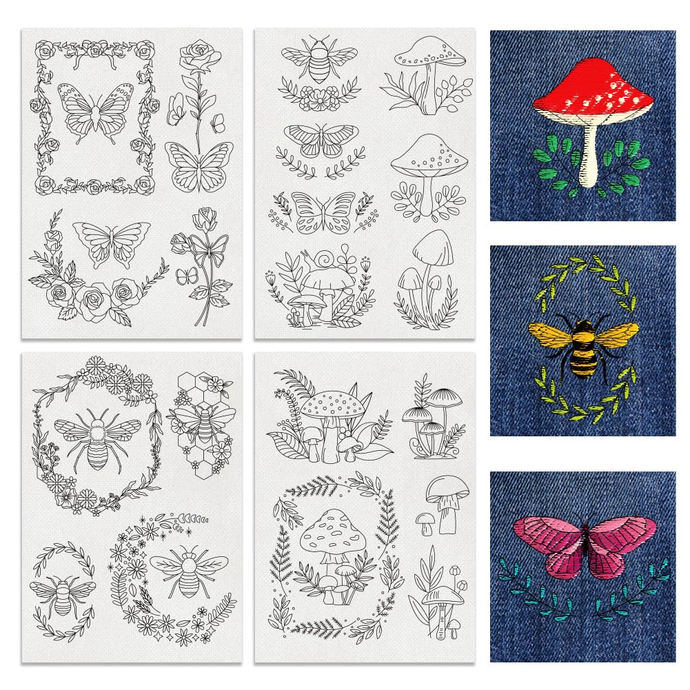 BENECREAT 4Sheets 20Pcs Wreath Bee and Mushroom Water Soluble Embroidery, 29.7x21cm Stick and Stitch Embroidery Paper Stabilizer Water Soluble Hand Sewing for Shirts, Coats, Bags