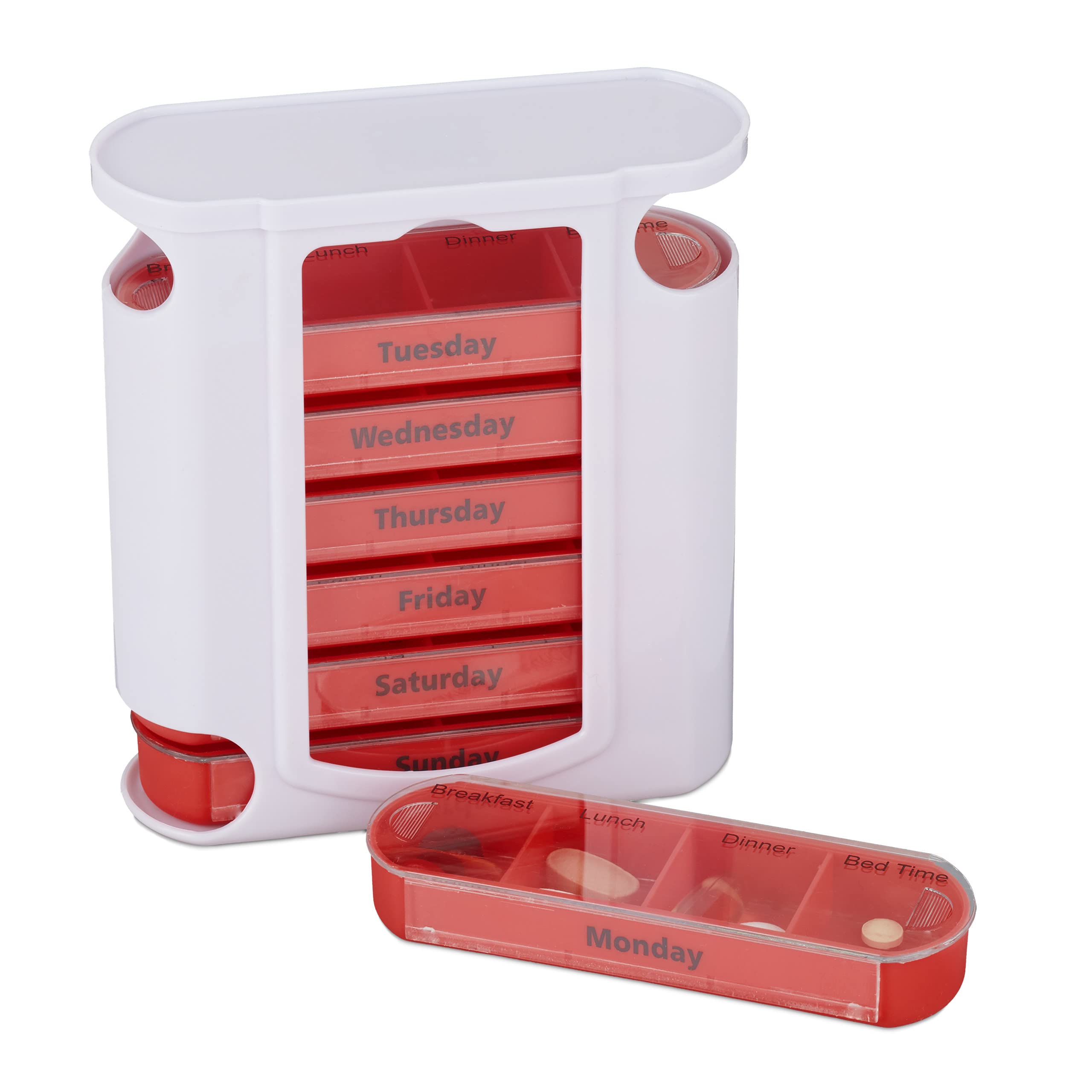 Relaxdays 7-Day Pill Tower, Weekly Medicine Boxes, 4 Compartments, Sliding Lids, White-Red, 13 x 11.5 x 4.5 cm