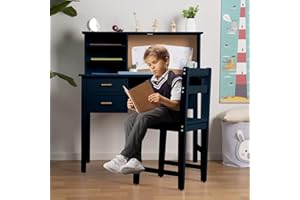 linor Kids Desk and Chair Set, Wooden Children Study Table with Hutch/Drawer & Bulletin Board, Student Study Desks Computer Desk Art Desk for Bedroom Study Room (Blue)