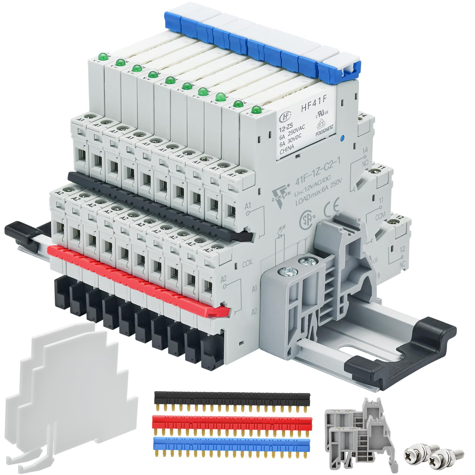 View 1 of (10Pcs) 12V Relay Din Rail; Silm Relay 12V DC/AC 6Amp 5Pin 1NO 1NC SPDT with LED Indicator, Socket, Jumper DIN Rail Mount 12 Volt UL Listed
