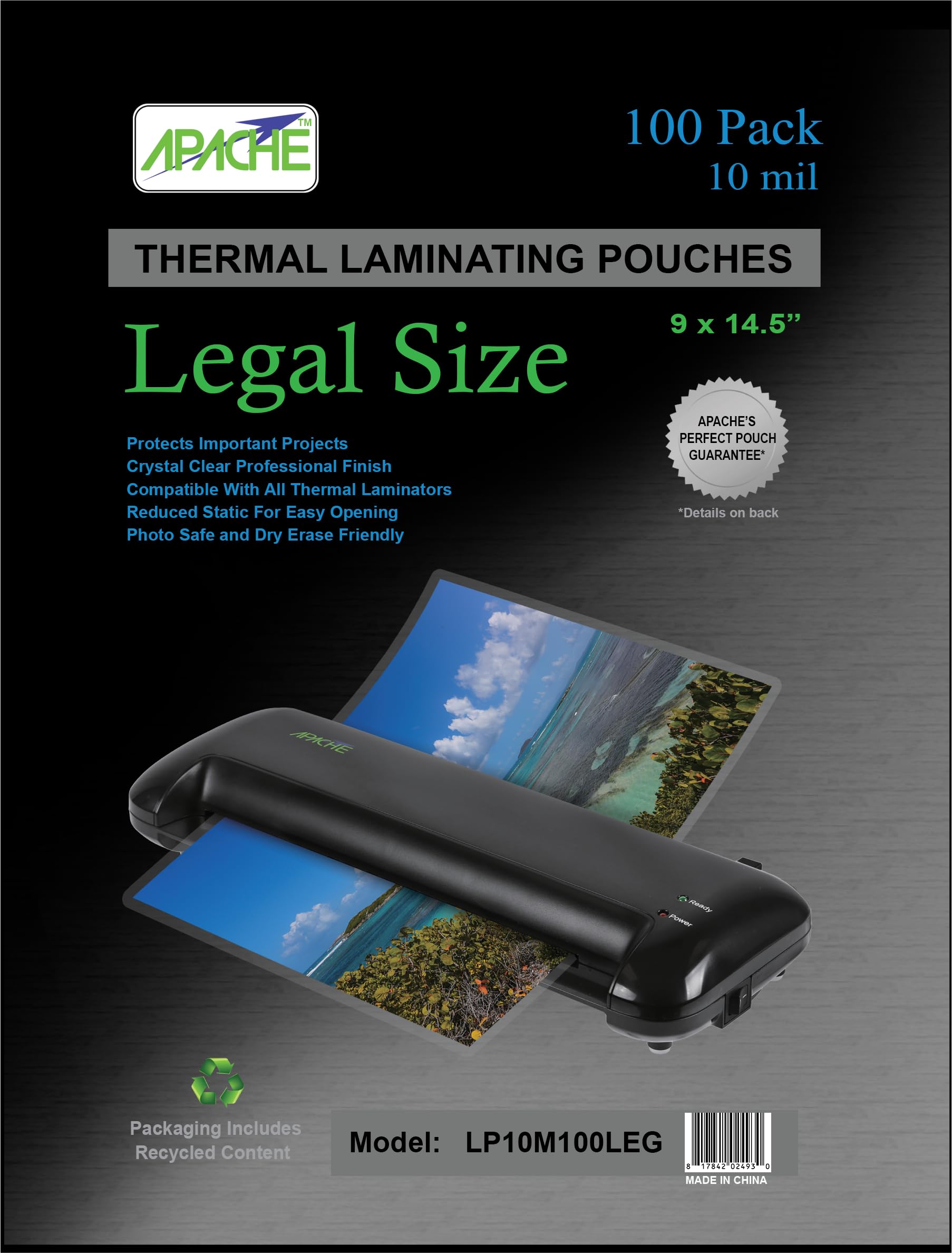 Apache 100 Pack Laminating Pouches 10 mil, for Legal Size 8.5 x 14 Inch Documents (9 x 14.5 Inch Sheets), Office and School Supplies, Thermal Laminating Sheets, Super Clear, Round Corner Image
