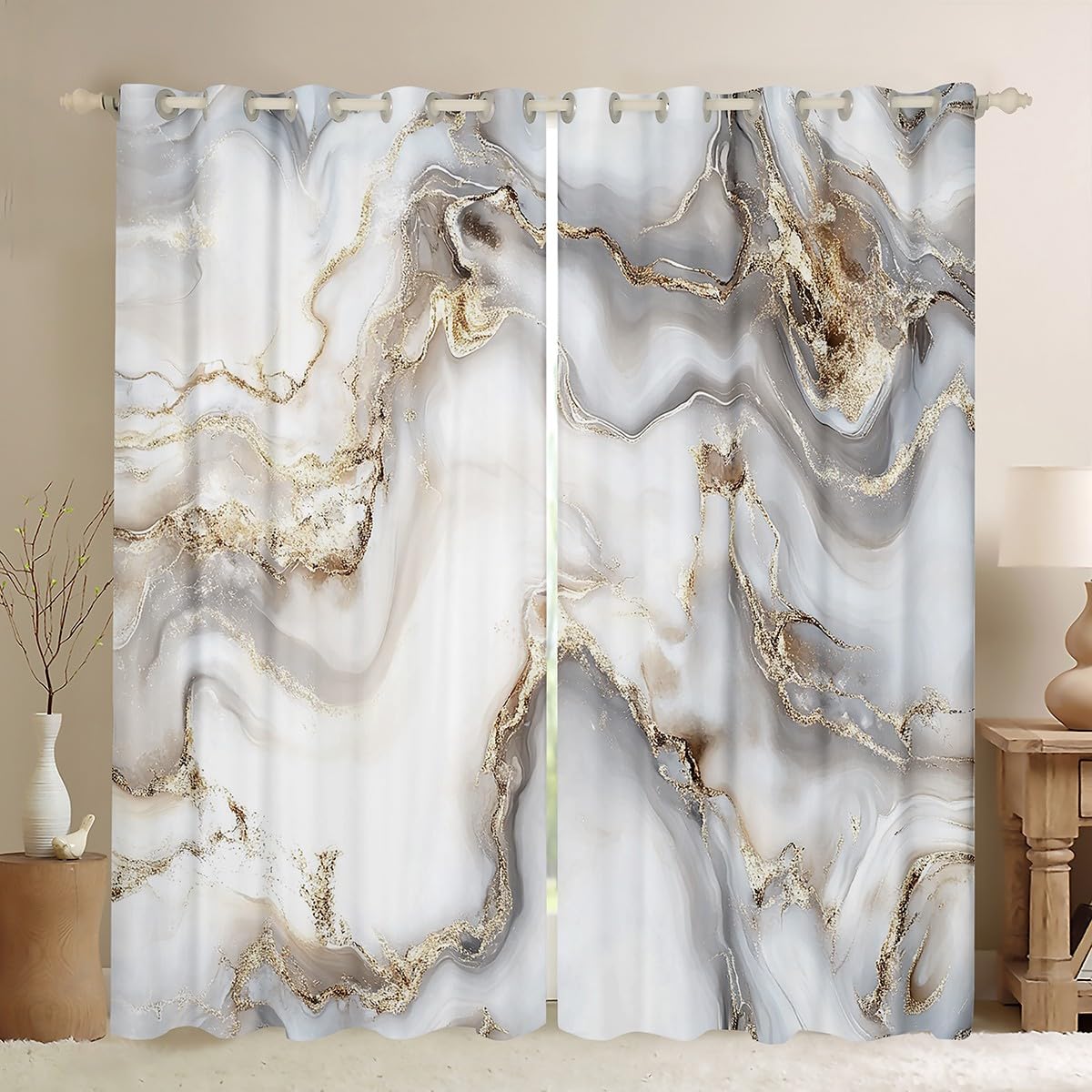 Homemissing Marble Curtains Grey Gold Abstract Geometric Window Drapes For Bedroom Living Room, Crack Brick Texture, W46*L72