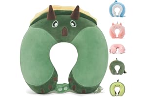 Niuniu Daddy Dinosaur Kids Travel Neck Pillow Road Trip Essentials for 3-8 Years Old, Memory Foam Dino Portable Pillow for Airplane Travel Essentials, Green Triceratops Cervical Pillow for Boys Girls