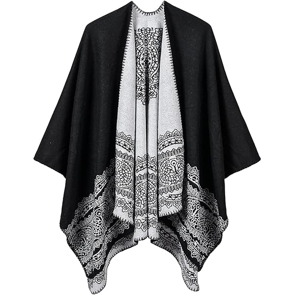 Women's Vintage Pattern Open Front Poncho Cape Shawl Winter Shawl