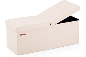 HAUSFRAU 31.5 Inches Ottoman with Storage Bench, Folding Ottoman Bench Small Foot Rest Stool, Bedroom Bench with Flipping Lid, Linen Beige