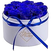 GLAMOUR BOUTIQUE Flower Forever Gift Box, 12 Real Preserved Roses in Round Velvet White Box, Handmade Floral Gift with Rose Petals for Birthday, Anniversary or Graduation, Blue (Color-Treated)