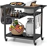 Giantex Outdoor Grill Cart - Pizza Oven Stand Table with Lockable Wheels, Three-Shelf Outdoor Cooking Prep Table with Garbage