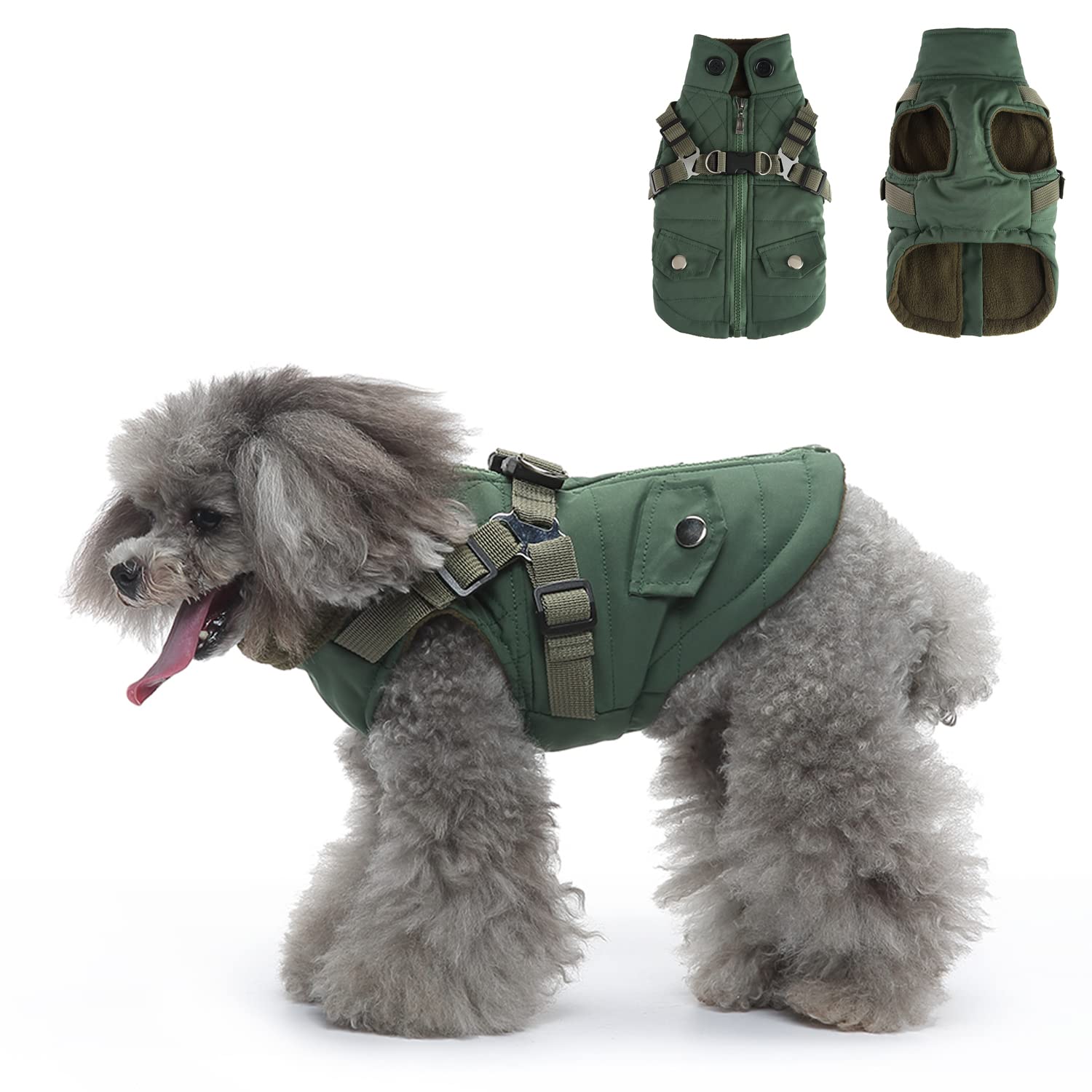 Dog Warm Coats, Dog Harness and Coat Zipper 2 in 1 Winter Jacket No Pull Dog Vest Harness Outfit Coats for Puppy Small Medium Dogs_2XL(Green2)