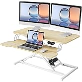 YIHAYO Electric Standing Desk Converter 32 inch, Sit to Stand Up Height Adjustable Desk Riser, Quick Sit to Stand Tabletop Dual Monitor Riser Workstation for Home Office with Keyboard Tray, Natural