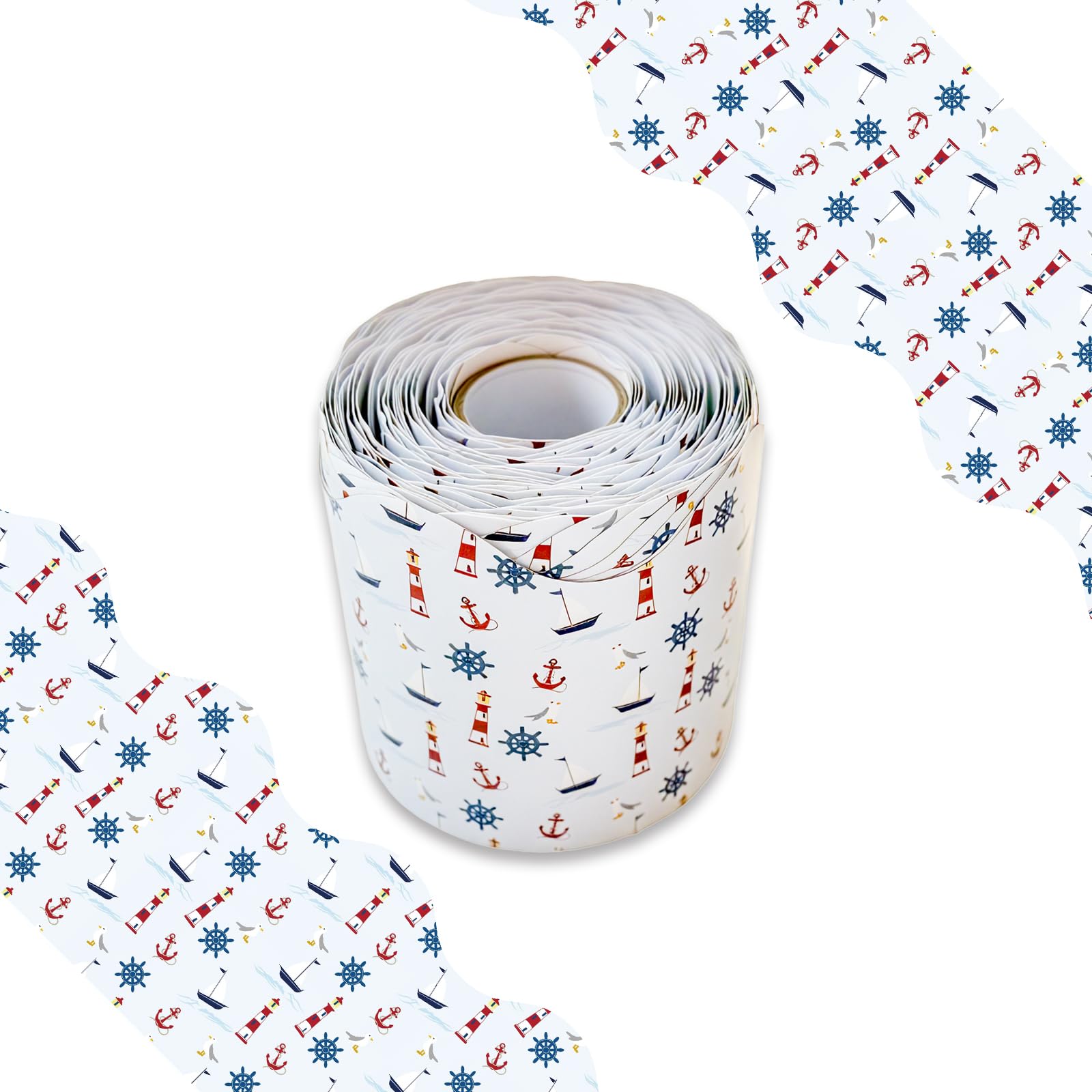 Photo 1 of RONNAECO 65.6 Ft Sailboat Bulletin Board Borders Blue and White Bulletin Board Paper Roll, Scalloped Border Bulletin Board Trim for Bulletin Board, Blue and White Board and Classroom Décor